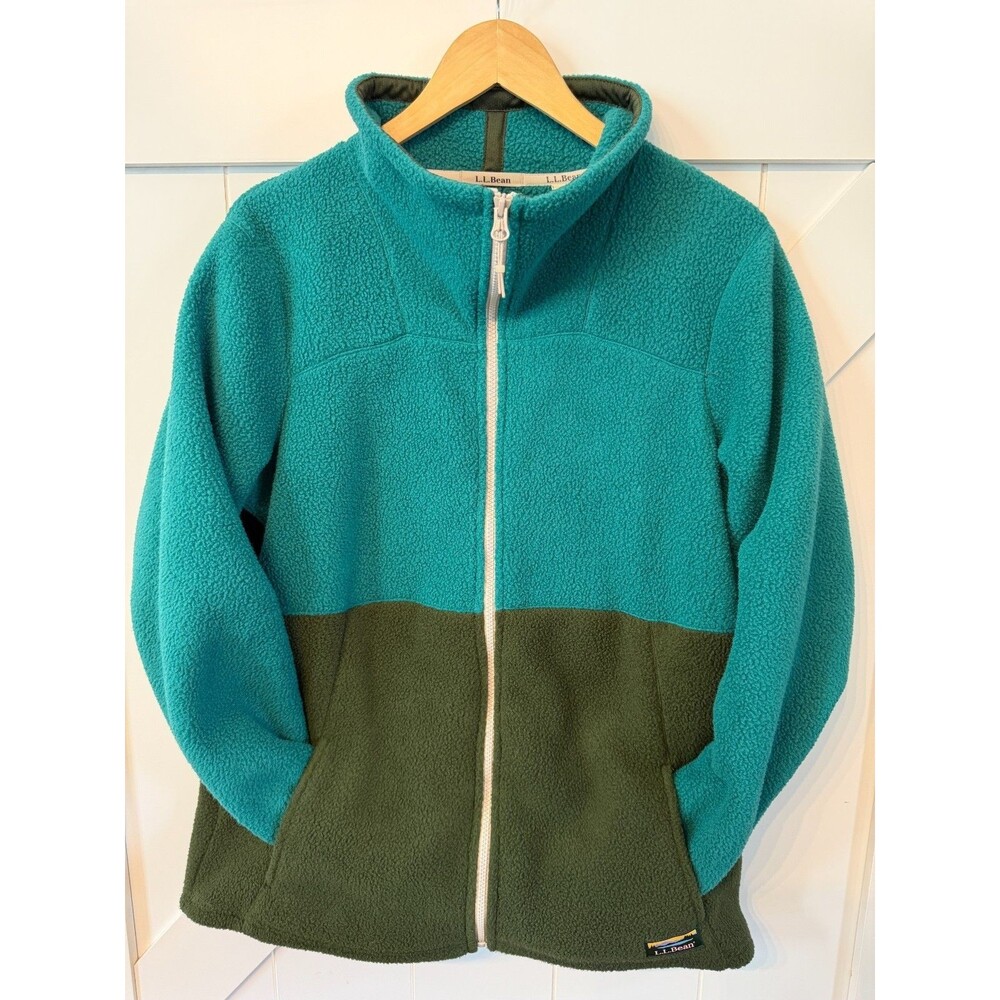 L.L.Bean Womens Large Fleece Jacket Full Zip Teal Green Colorblock Outdoor